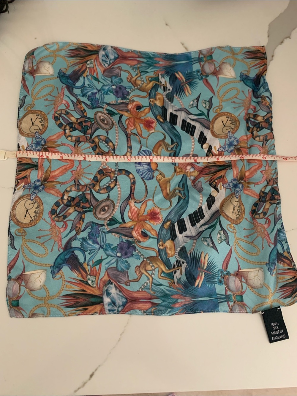 Turquoise Silk Printed Scarf with Musical & Floral Motifs - Unbranded